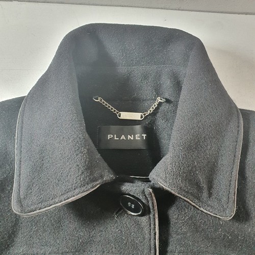 PLANET Black Wool Cashmere Trench Coat Retro Swing Pea Jacket Overcoat Size 12 - Picture 14 of 23