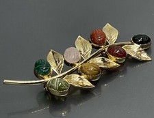Vintage Gold Tone Multicolor Carved Egyptian Scarab Leaf Revival Brooch Pin 2.5”