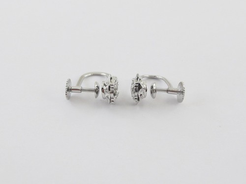 14k White Gold Diamond Screw Back Huggie Flower Earrings - Picture 5 of 5