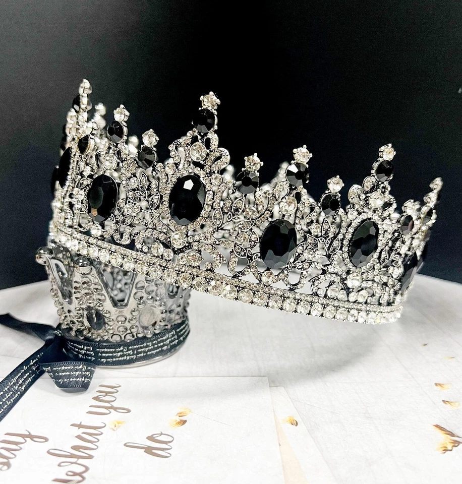 Royal King Crown, Black Crystal Crown, Silver Wedding Crown, Prom Crown, XL Size - Image 4 of 4