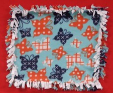 Handmade Baby Fleece Tied Security Blanket - Orange  Blue Butterflies- 20 x 25