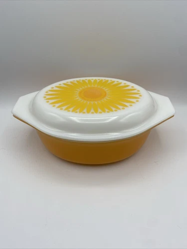 Vintage Yellow Pyrex Sunflower Daisy 043 W/ Lid 1.5 Qt Casserole &mushroom bowl