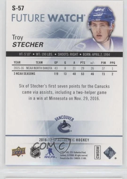 2016 SP Authentic Spectrum Gold /50 Future Watch Level 1 Troy Stecher Rookie RC - Image 2 of 2