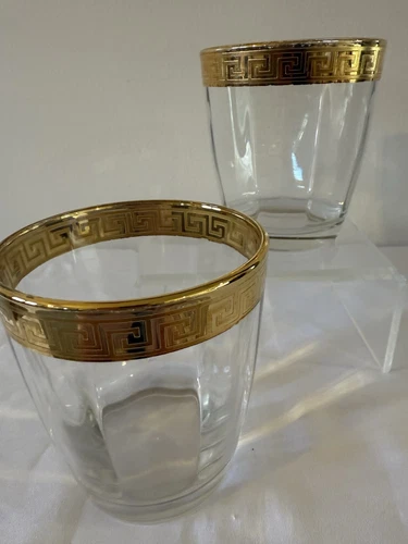 2 Vintage Cristalleria Fratelli Fumo Whiskey Rocks Glass Gold Greek Key Design