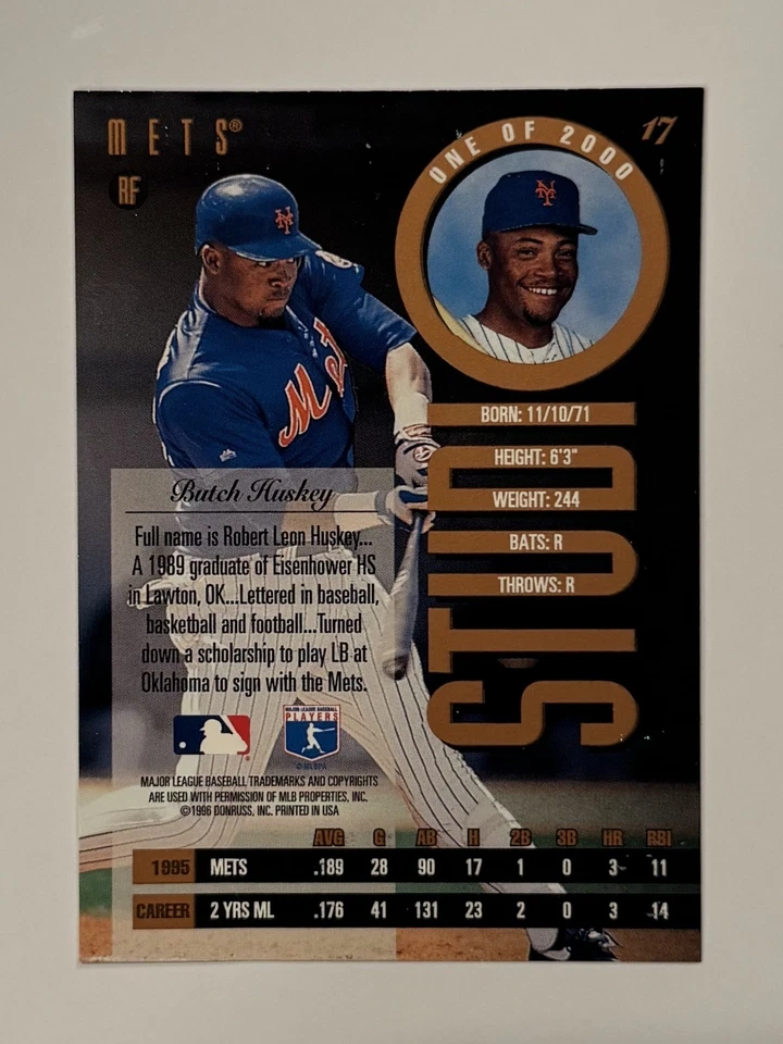1996 Leaf Studio Bronze Proof #17 Butch Huskey Mets /2000 - Image 2 of 2