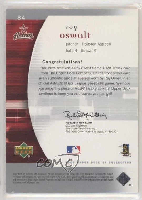 2005 Upper Deck SP Collection SP Authentic Materials /199 Roy Oswalt #84 - Image 2 of 2