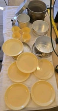 Vintage Camping Mess Kit – 6 Melamine Plates 4 Cups 4 Aluminum Pots 3 Lids...