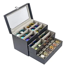 24 Slots 3 Layers Watch Box Leather Display Case Organizer Jewelry Storage Box