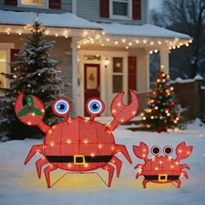 Outdoor Christmas Decorations - Set of 2 LED Lighted Crab Yard Decor, 2D Battery