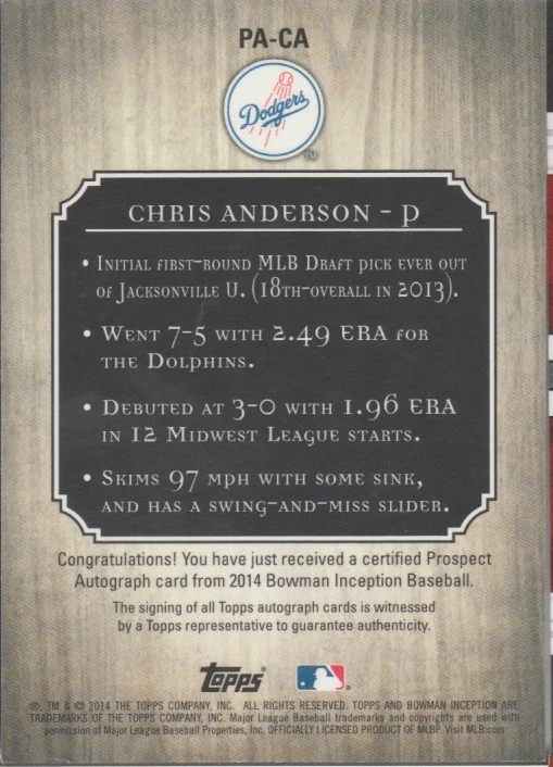 Chris Anderson 2014 Topps Bowman Inception autograph auto card PA-CA - Image 2 of 2
