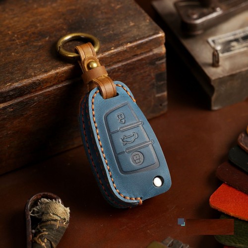 Leather Flip Car Key Case Fob Cover For Audi A1 A3 Q3 A4 A5 A6 A7 Q5 Q7 TT Blue - Picture 4 of 7