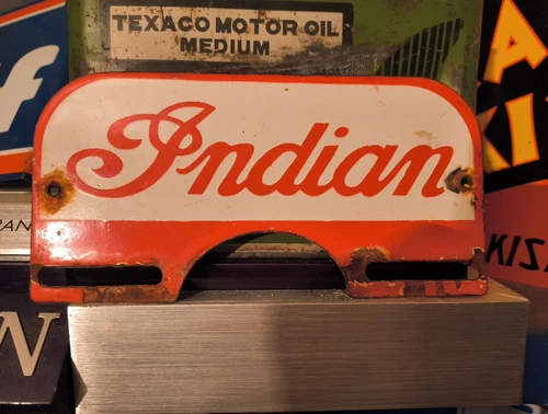 VINTAGE INDIAN MOTORCYCLE PORCELAIN METAL LICENSE PLATE TOPPER SIGN