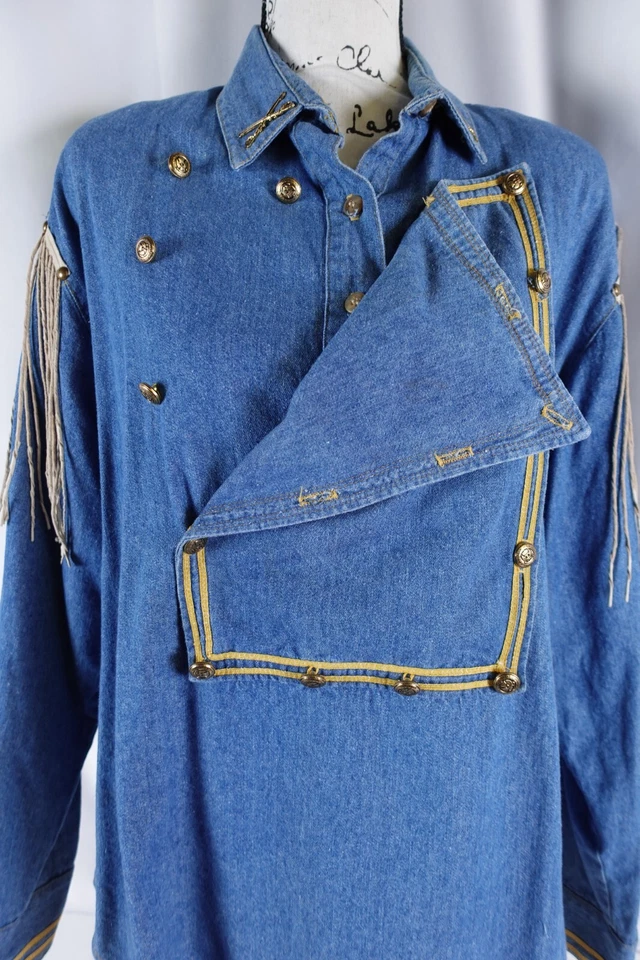 Double D Ranch Wear Women's Pullover Bib Shirt Size Medium Denim Casual Fringed - Image 3 of 4
