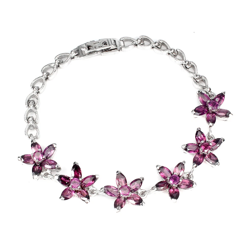 Pulsera de plata de ley 925 marquesa rodolita piedras preciosas flor joyería Foto 2 de 4