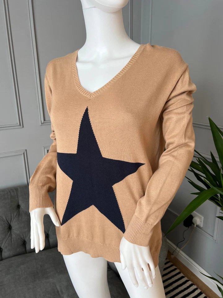 HUSH Jumper Small S Brown Camel Midnight V Neck Star  - Image 3 of 4