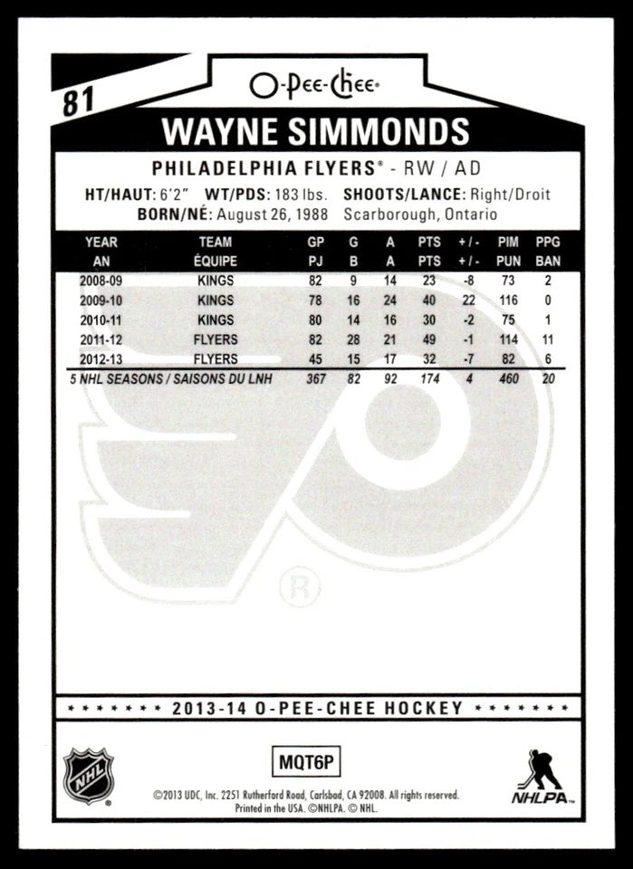 2013-14 O PEE CHEE RAINBOW Wayne Simmonds Philadelphia Flyers #81 R116 - Image 2 of 2