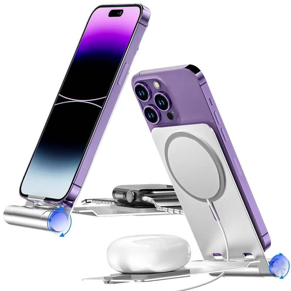 Foldable Aluminum MagSafe Charger Mount Desk Stand for iPhone Apple Watch Tablet - Image 2 of 4