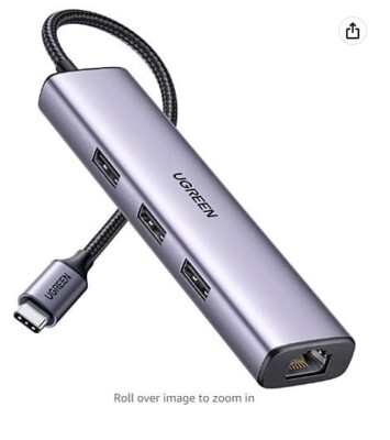 UGREEN USB C to Ethernet Adapter, 4 in 1 Multiport Hub with 3 x USB 3.0