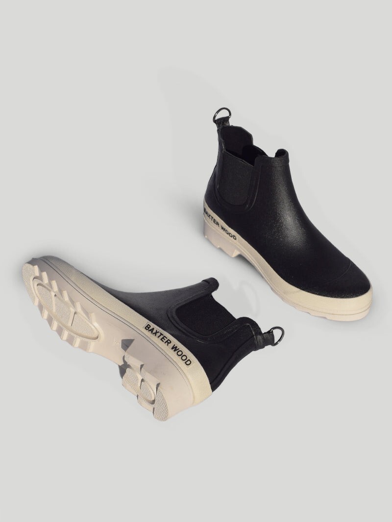 BAXTER WOOD Waterproof Hevea Chelsea Rain Boot Black & Ivory White Baxter Wood Hevea Chelsea Rain Boots Black White Size 10  main image 2