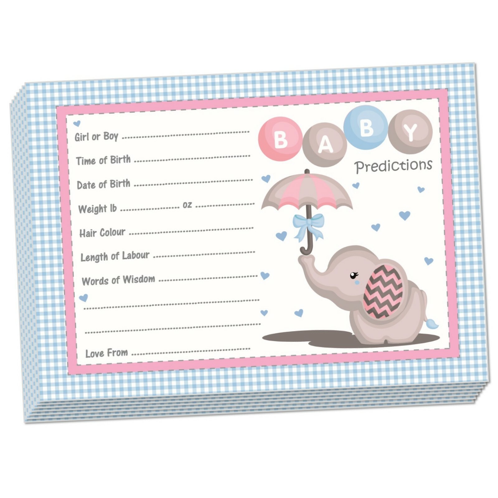 Unisex Baby Elephant - 10 PREDICTION CARDS, Baby Shower Neutral Keepsake Game