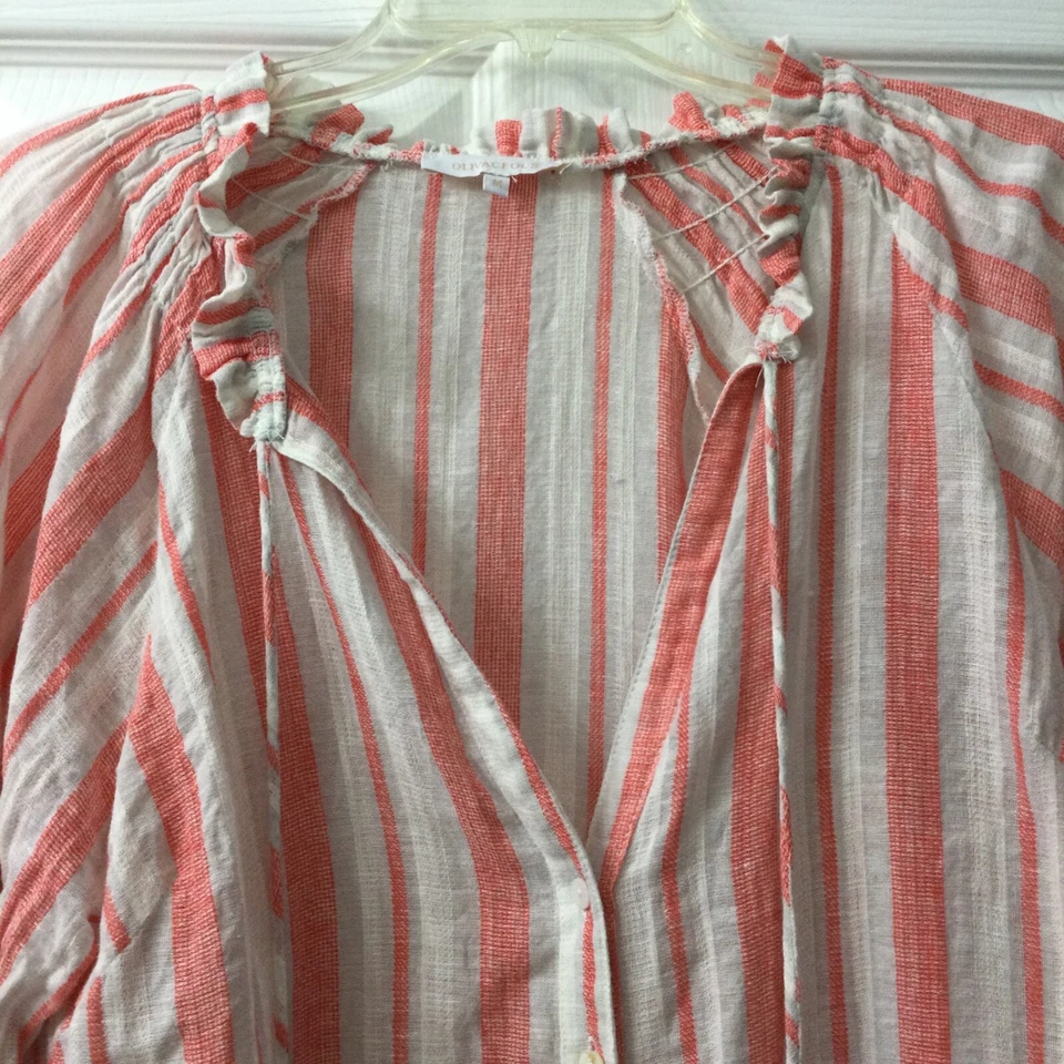Olivaceous Top Women's Medium Pink White Striped Button Front Cotton Hemp Blend - Image 3 of 4