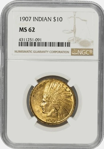 1907 $10 GOLD INDIAN HEAD EAGLE NGC MS 62