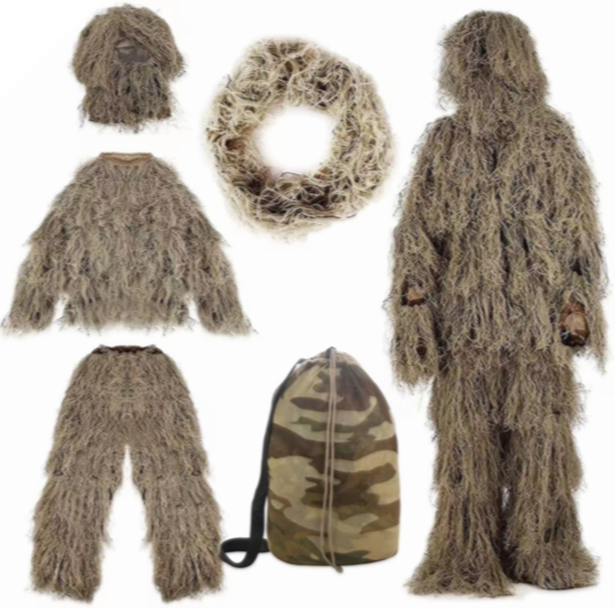 Tan Woodland Camouflage Ghillie Suit Sniper Desert  Fluff Hunting Set Tan Suits