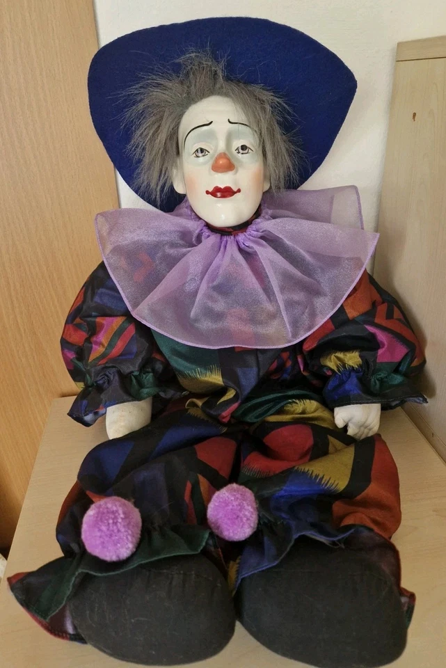 Selten Großer Sammler Clown 65 cm Porzellankopf Stoffkörper Harlekin Vintage - Bild 4 von 4