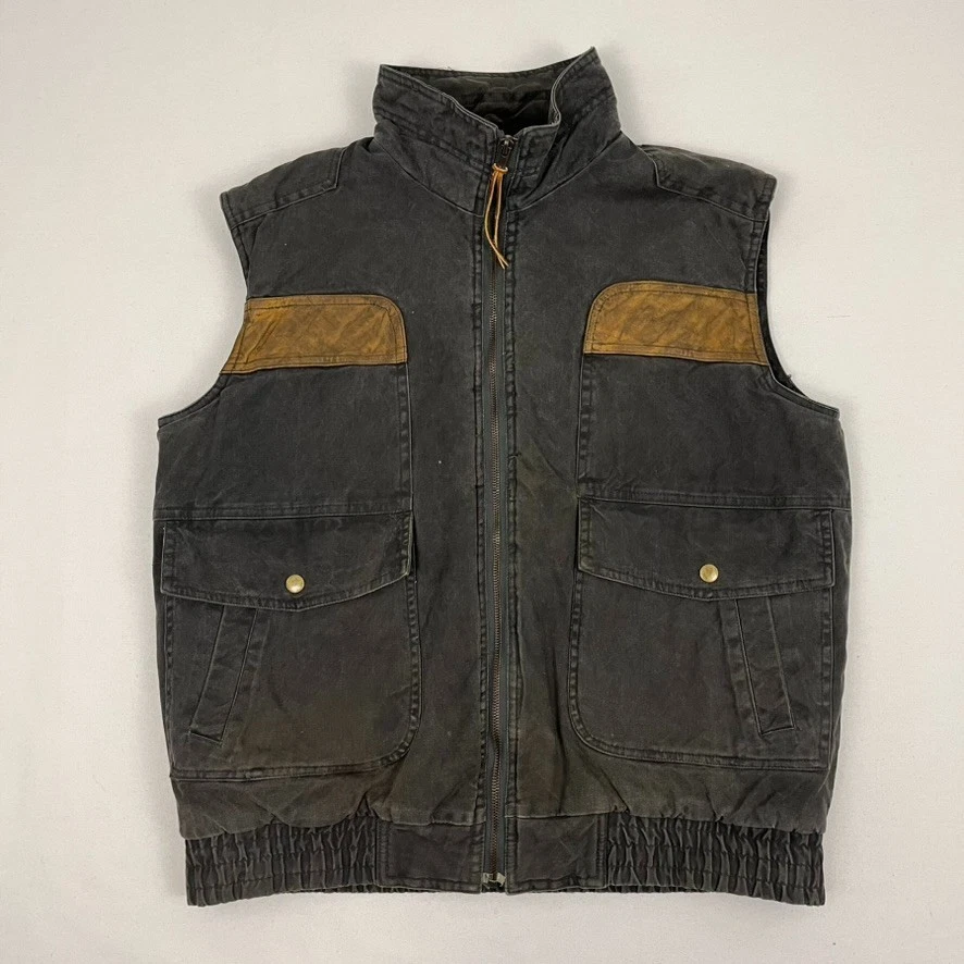 Woodland Vest Adult Mens Medium Gray Canvas Leather Trim Workwear Barn Chore 90s