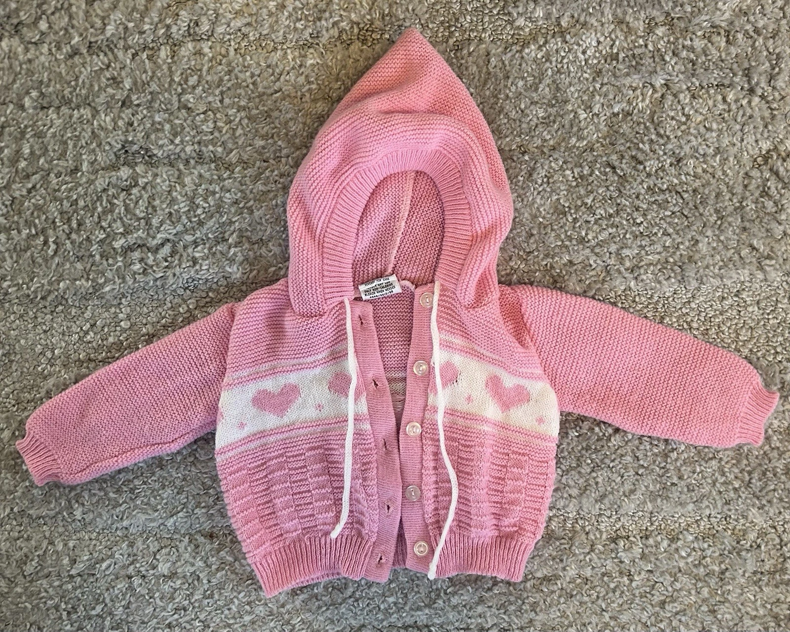 Vintage Girls Baby Snuggle Alert Pink & White W/Hearts Button Hoodie Sweater 9 M