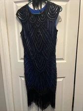 BABEYOND Cocktail Evening Dress Medium Flapper Beaded Sequin Blue Black Fringe