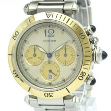 CARTIER Pasha 38 Chronograph 18K Gold Steel Watch W31011H3 Polished BF590345