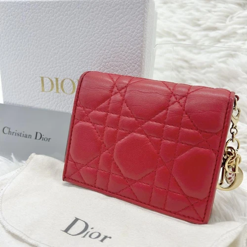 Portefeuille Dior bi pli cuir cannage lotus rouge du Japon RA