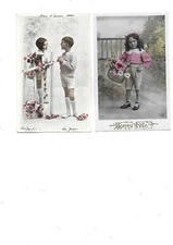 2 postcard old postcard pretty children at the barrier 1938 1909 flowers