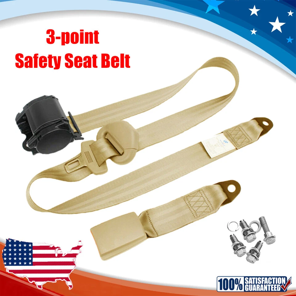 Retractable 3Point Safety Seat Belt Straps Car Vehicle Adjustable Belt Kit Beige - Image 3 of 4