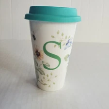 Lenox Monogram "S" Butterfly Meadow Travel Mug Mint Silicone Lid Tall 10oz EUC