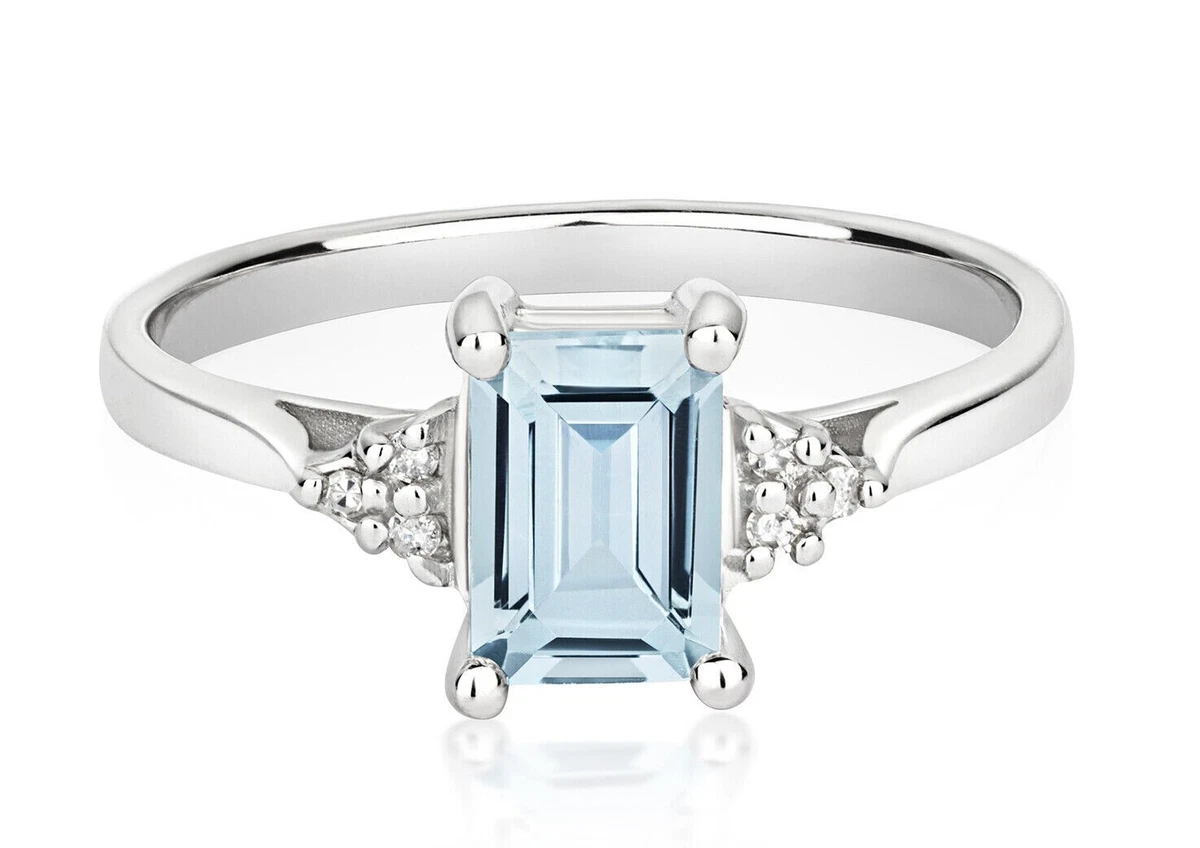9ct White Gold Aquamarine and Diamond Ring Emerald Cut Solitaire