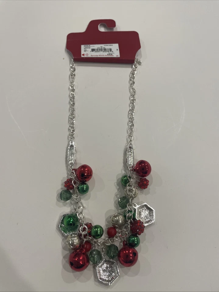 Kohls Christmas Necklace With Jingle Bells And Ornaments Green Red - Image 2 of 4