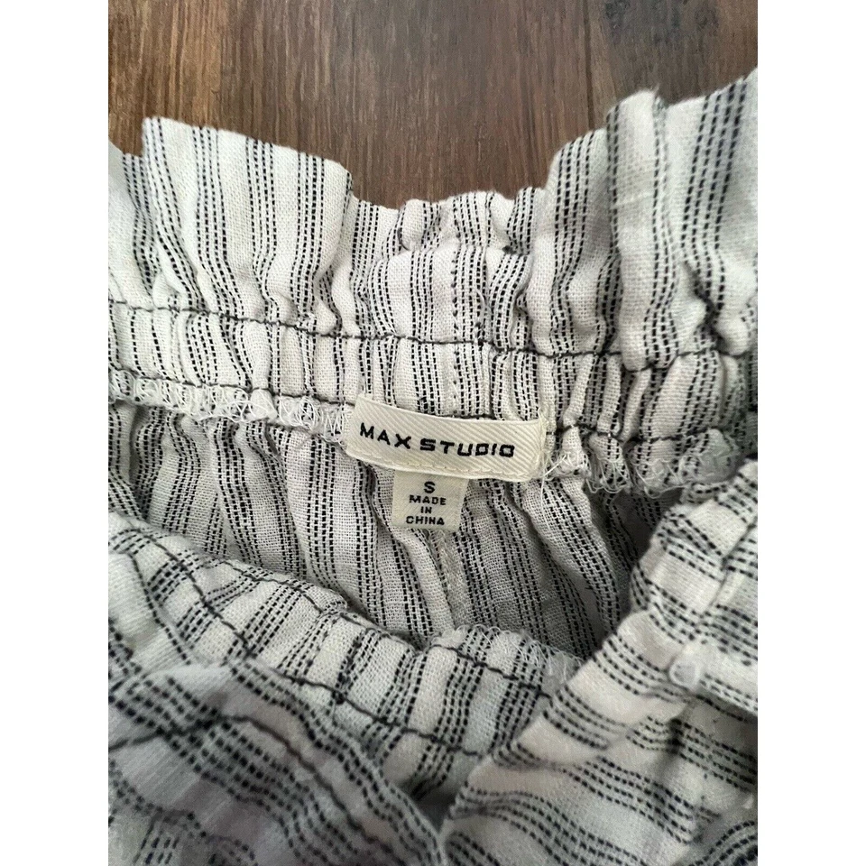 Pantalones Cortos Max Studio Mujer Mezcla de Lino Blanco y Negro Rayas Verticales Talla Pequeña Foto 3 de 4