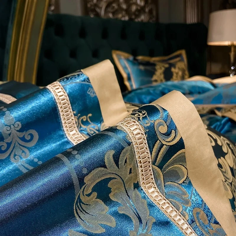Turqoiuse Damask Design Satin Jacquard Cotton Silky Soft Bedding Duvet Cover Set - Image 4 of 4