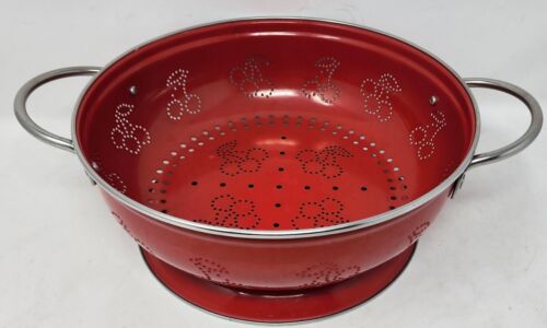 Red Enamel Colander Stainless Steel Strainer Cherry Design Holes Farmhouse 10" w - Picture 1 of 8
