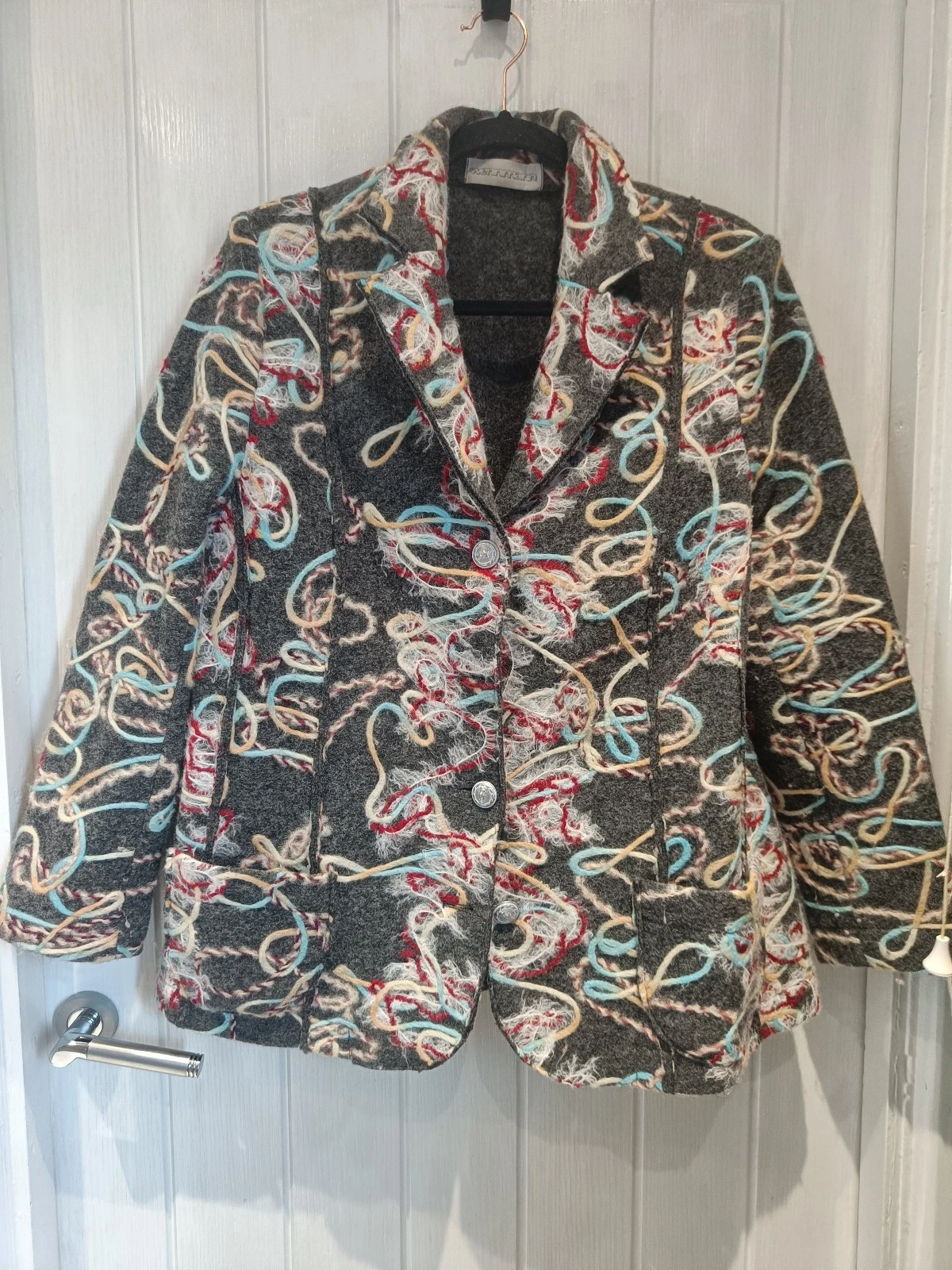 WERNMANN Vintage Grey Wool Abstract Swirl Jacket Blazer Art to Wear Winter L/XL
