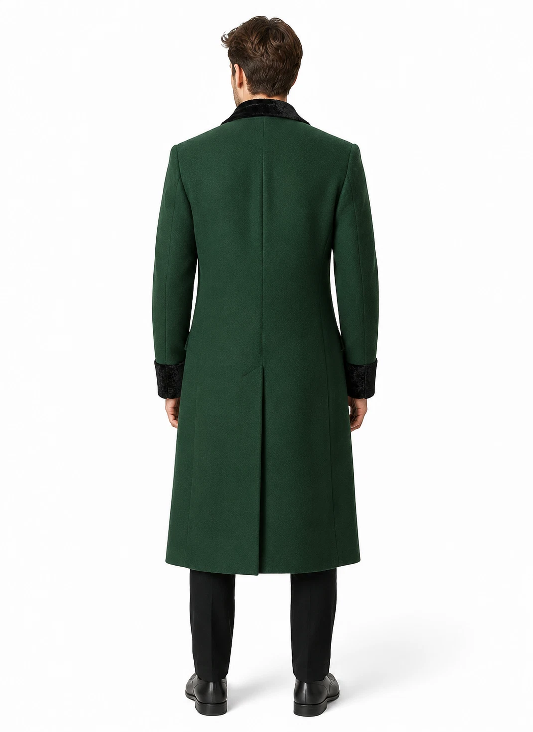 Mens Jeff Inspired Green Wool Long Goldblum Coat with Velvet Cuffs & Collar - product detail image 3