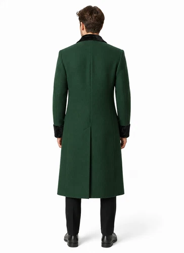 Mens Jeff Inspired Green Wool Long Goldblum Coat with Velvet Cuffs & Collar image 3