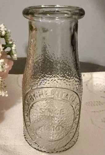 Vintage Heritage Dairy 8OZ Milk/Cream Glass Bottle Embossed Clear    5 1/2” EUC
