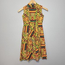 Kids Custom Handmade African Kente Print Sleeveless High Neck Yellow Dress