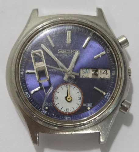 SEIKO 7016-8001 Automatic Chronograph Watch Vintage Mens Blue Dial 17 Jewels