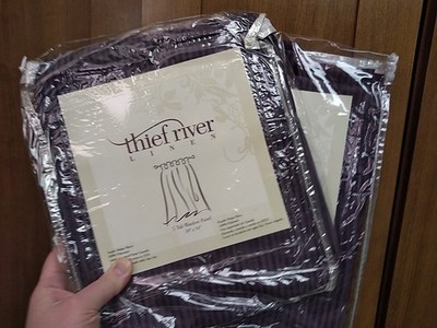 2 'Thief River Linen' 5 Tab Window Panel NOS Purple Striped Sheer Curtain 50x84''
