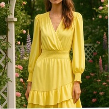 Vince Camuto Yellow Smocked Faux Wrap Ruffle Mini Dress Womens Size Large