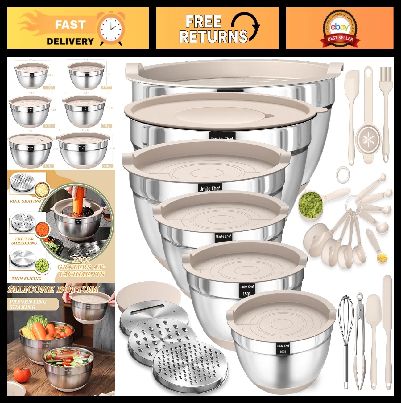 26PCS Stainless Steel Mixing Bowls Set with Airtight Lids & Grater Attachments -